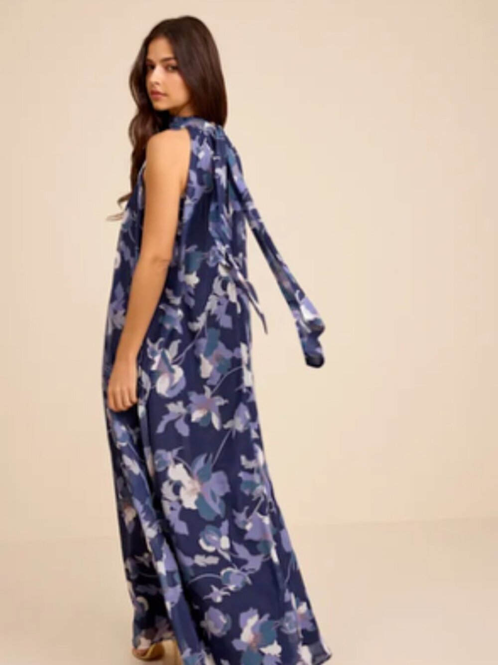 Lulus Sanza Navy Floral Halter Shift Maxi Dress Blue - Size M - Picture 3 of 4